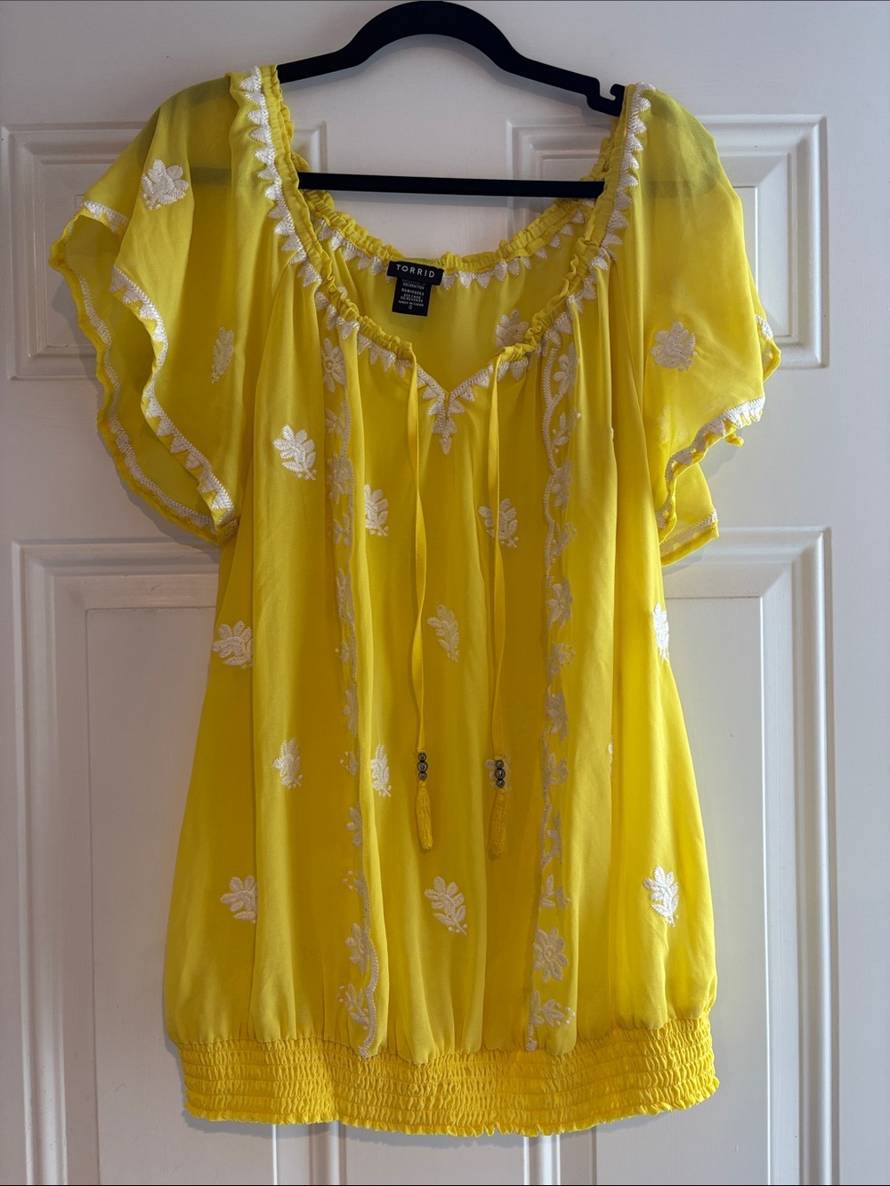 torrid Yellow Embroidered Flutter-Sleeve Peasant Top